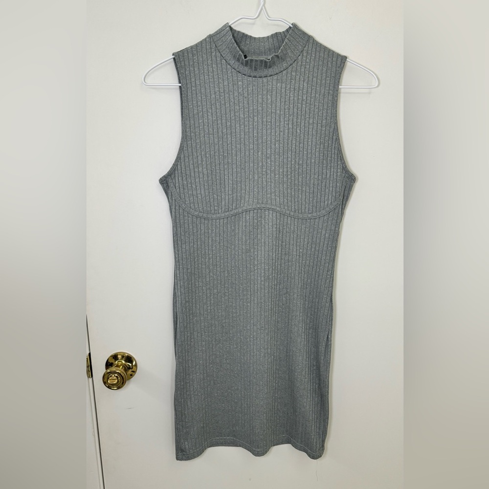 Gray, rigid mini dress.